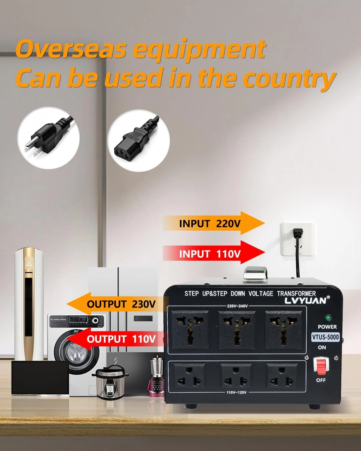 مبدل ولتاژ 5000 وات LVYUAN، ترانسفورماتور سنگین افزاینده/کاهنده AC 110V/120V/220V/240V با 3 پریز آمریکایی، 3 پریز جهانی، محافظ قطع کننده مدار قابل تنظیم مجدد