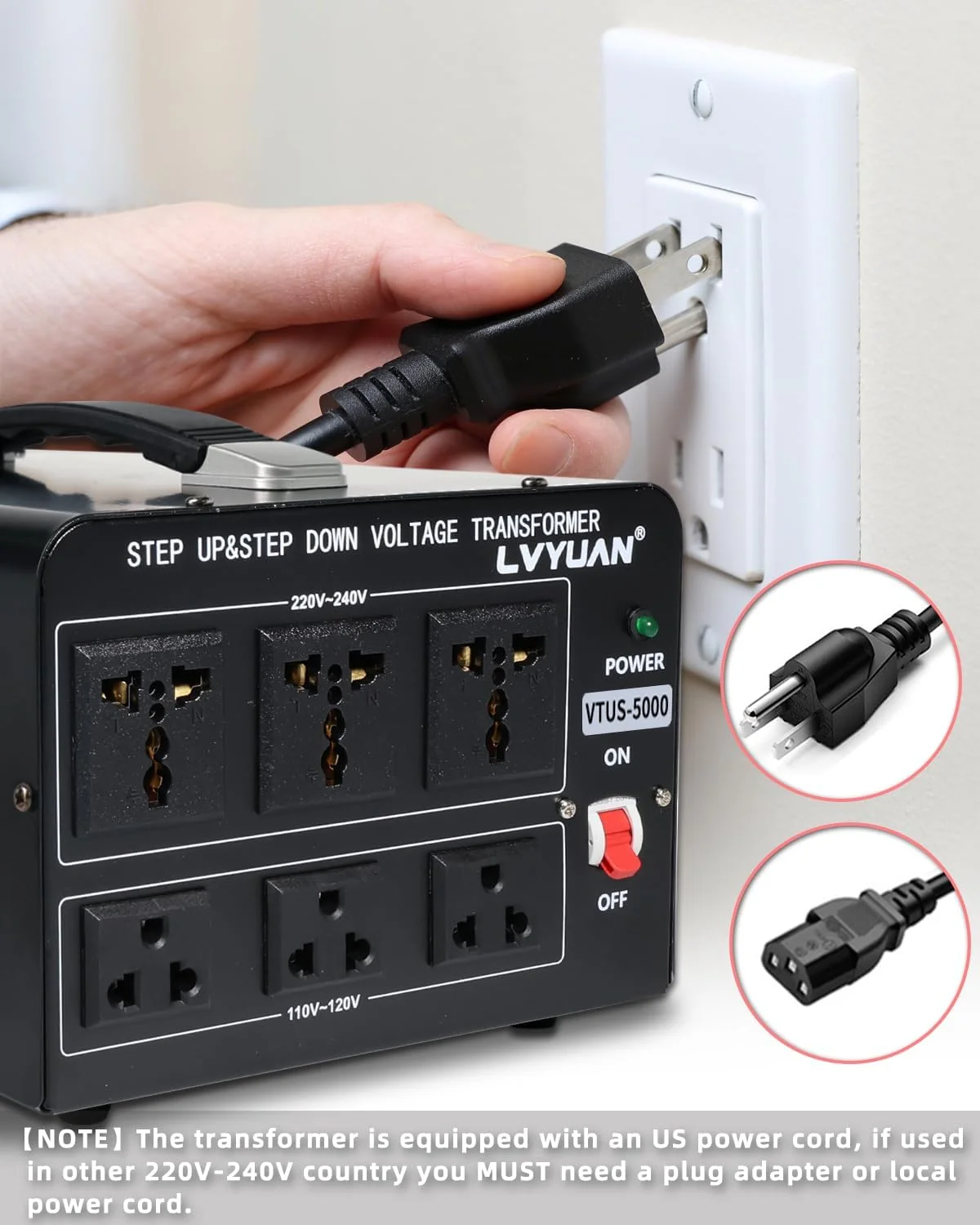 مبدل ولتاژ 5000 وات LVYUAN، ترانسفورماتور سنگین افزاینده/کاهنده AC 110V/120V/220V/240V با 3 پریز آمریکایی، 3 پریز جهانی، محافظ قطع کننده مدار قابل تنظیم مجدد