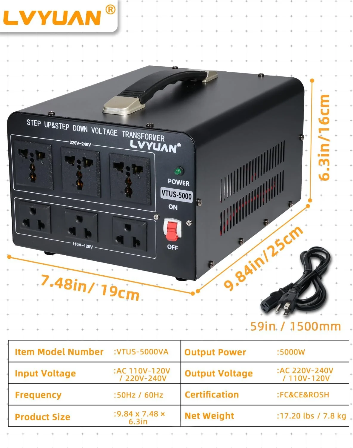 مبدل ولتاژ 5000 وات LVYUAN، ترانسفورماتور سنگین افزاینده/کاهنده AC 110V/120V/220V/240V با 3 پریز آمریکایی، 3 پریز جهانی، محافظ قطع کننده مدار قابل تنظیم مجدد