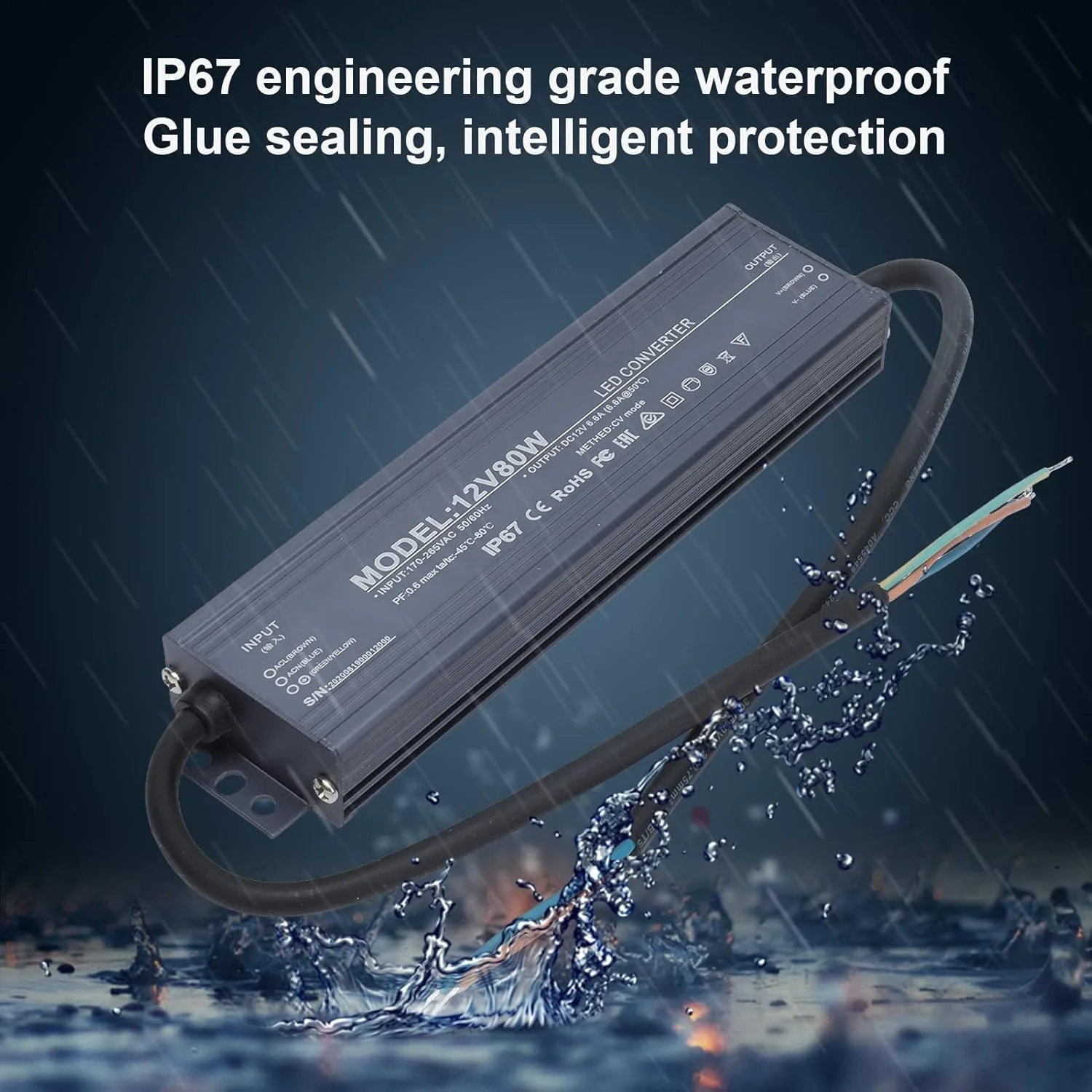 منبع تغذیه ضد آب 80 وات LED با ولتاژ ثابت Eujgoov، ترانسفورماتور ولتاژ ورودی AC170-265V (12V 6.6A) منبع تغذیه ضد آب 80 وات LED با ولتاژ ثابت Eujgoov، ترانسفورماتور ولتاژ ورودی AC170-265V (12V 6.6A)