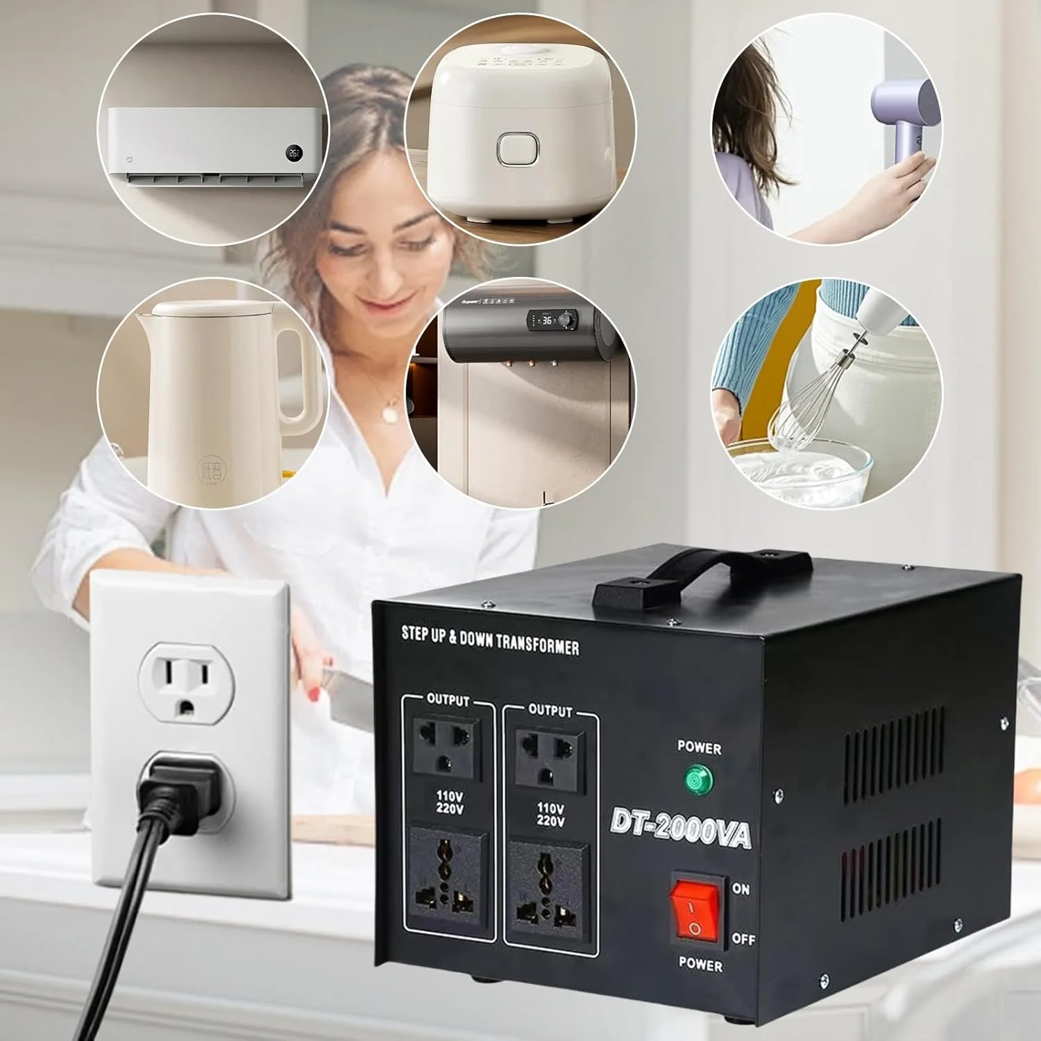 مبدل ولتاژ GOUSYUN DT2000W، ترانسفورماتور افزاینده/کاهنده ولتاژ 110V/120V/220V/240V، با محافظ قطع کننده مدار قابل تنظیم مجدد، سوکت جهانی، جمع و جور خانگی