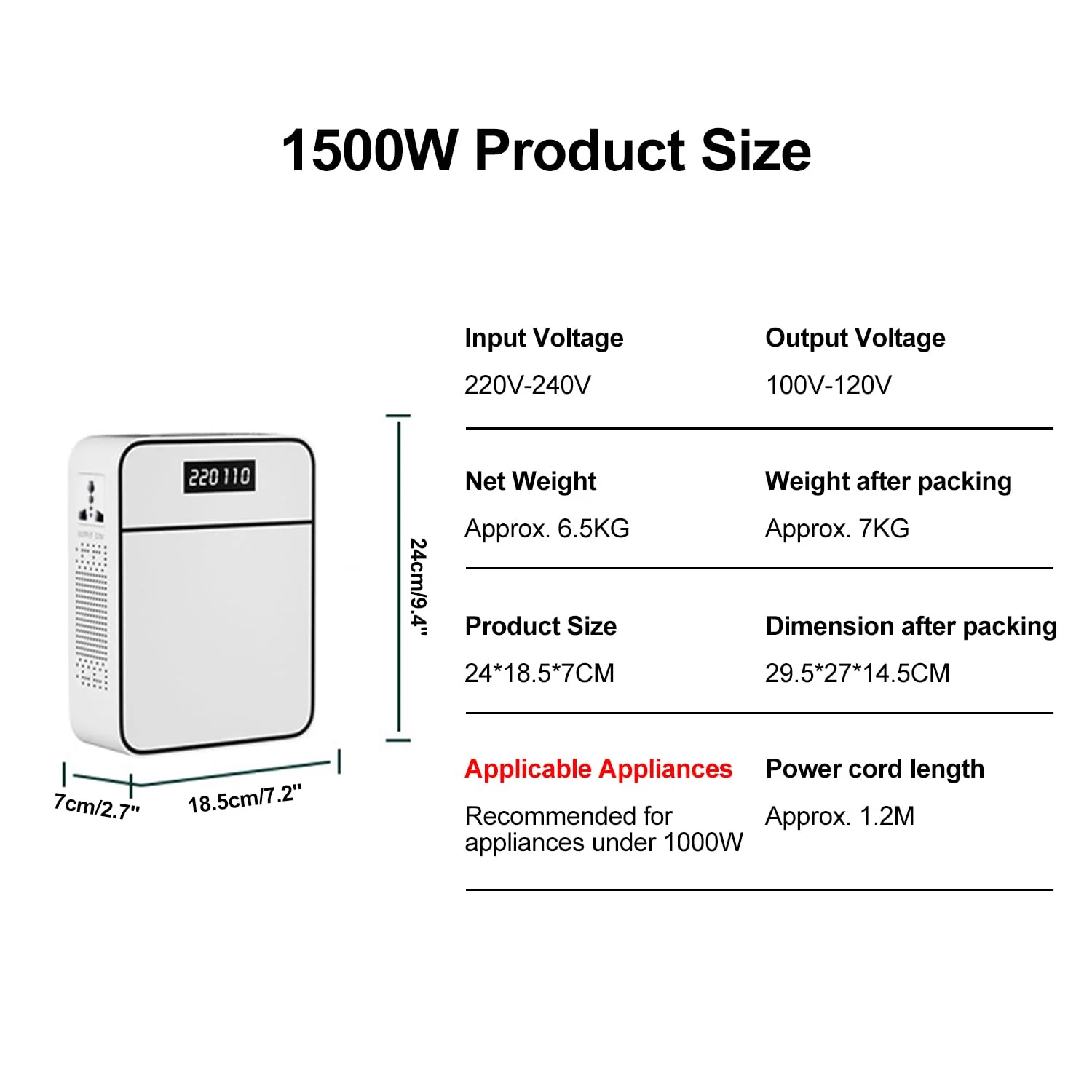 مبدل ولتاژ کاهنده CHAOFLIGHT از 220 ولت به 110 ولت، مبدل ولتاژ بی صدا برای مصارف خانگی، برای استفاده از لوازم خانگی ایالات متحده و سایر کشورها در امارات متحده عربی، عربستان سعودی یا سایر مناطق 220 ولت، 500 وات (1500 وات)