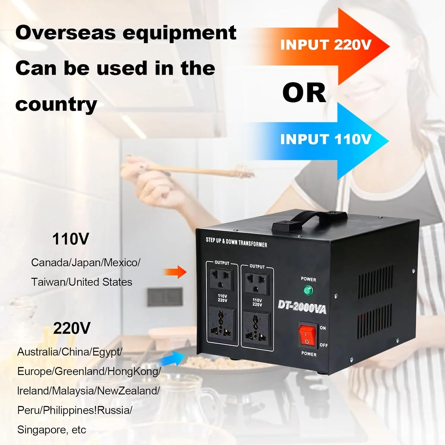 مبدل ولتاژ GOUSYUN DT2000W، ترانسفورماتور افزاینده/کاهنده ولتاژ 110V/120V/220V/240V، با محافظ قطع کننده مدار قابل تنظیم مجدد، سوکت جهانی، جمع و جور خانگی