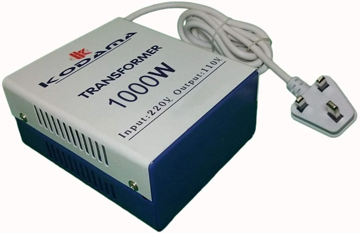 ترانسفورماتور کوداما 1000 وات با سیم برق 3 پین جهانی UK به همراه فیوز ایمنی، ترانسفورماتور کاهنده ولتاژ 220 ولت به 110 ولت، ولتاژ ورودی 220 ولت و ولتاژ خروجی 110 ولت