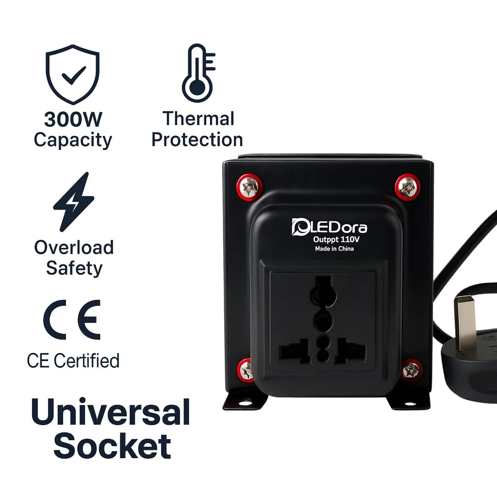 ترانسفورماتور کاهنده ولتاژ 300 وات LEDora LSTC-300 – تبدیل 220 ولت به 110 ولت – مبدل برق دارای گواهینامه CE با محافظت حرارتی – طراحی جمع و جور و آماده به کار برای لوازم خانگی ایالات متحده و ژاپن