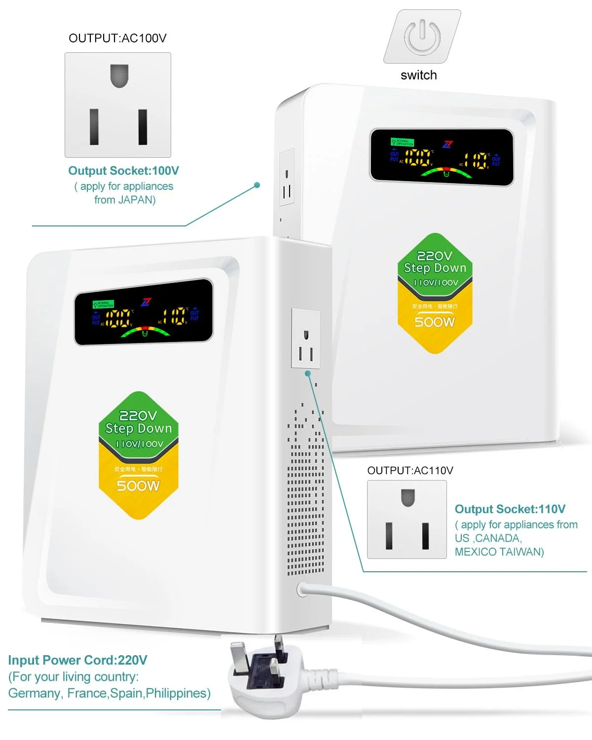 ترانسفورماتور کاهنده 500 وات 240 ولت به 110 ولت