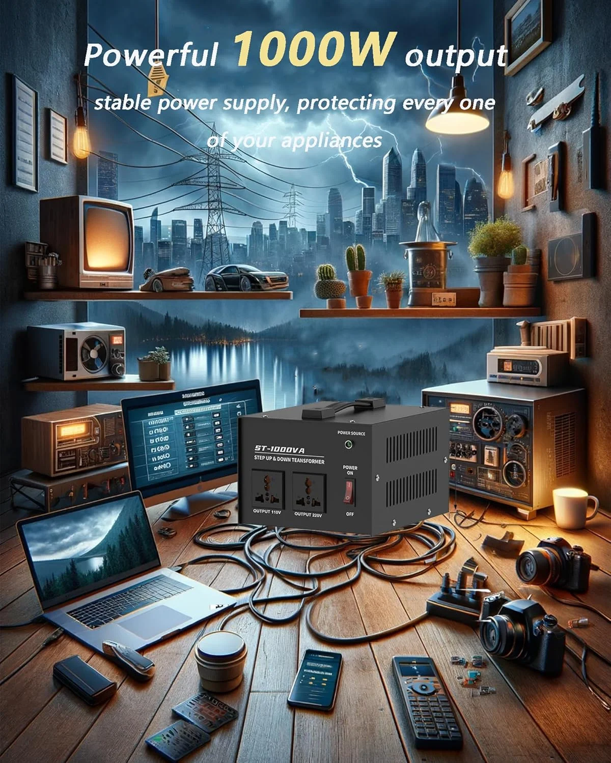 مبدل ولتاژ 1000 وات ST، ترانسفورماتور افزاینده/کاهنده ولتاژ 110V/120V/220V/240V، با محافظ قطع کننده مدار قابل تنظیم مجدد، سوکت جهانی، جمع و جور خانگی