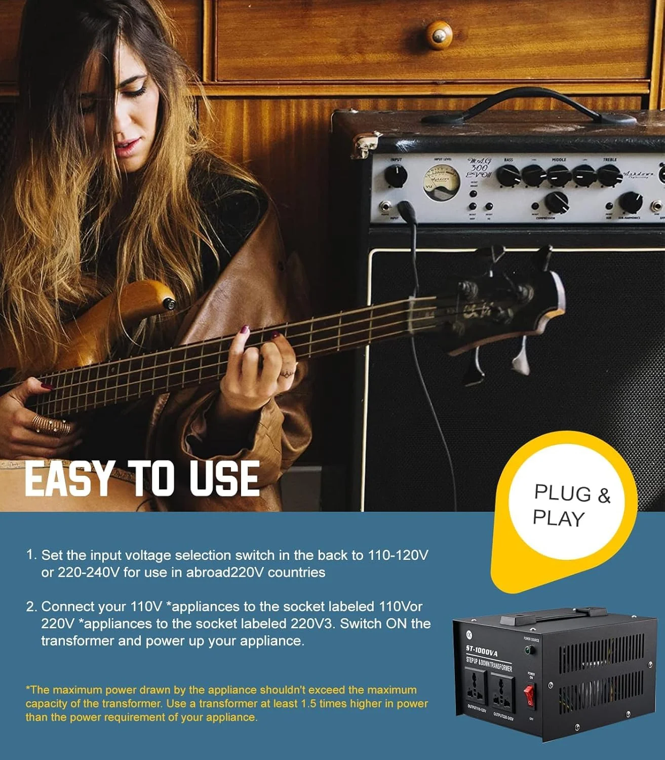 مبدل ولتاژ 1000 وات ST، ترانسفورماتور افزاینده/کاهنده ولتاژ 110V/120V/220V/240V، با محافظ قطع کننده مدار قابل تنظیم مجدد، سوکت جهانی، جمع و جور خانگی