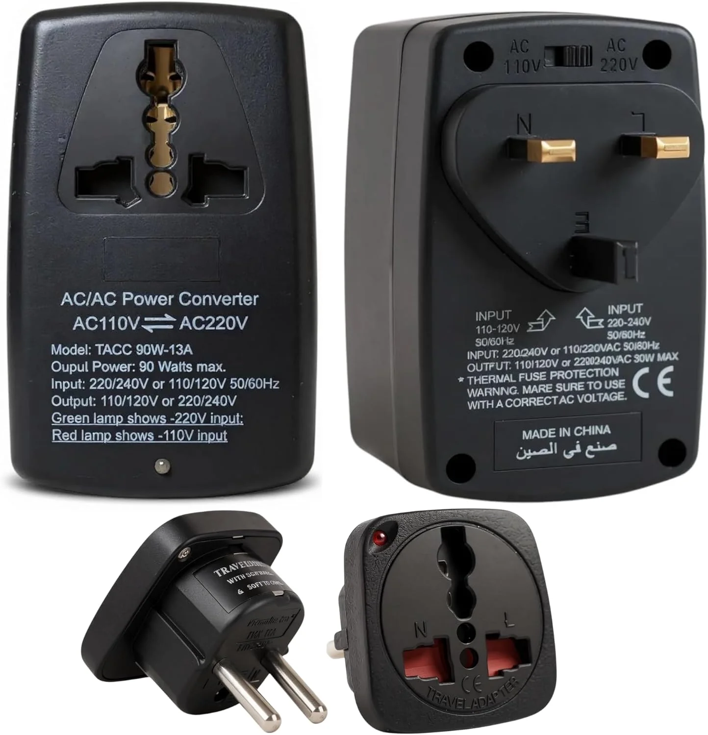 مبدل ولتاژ افزاینده/کاهنده ترمیناتور TACC 90W 13A - ترانسفورماتور 110V⇌220V، دوشاخه UK، سوکت جهانی، نشانگر LED، فیوز حرارتی، انتخابگر ولتاژ دستی - آداپتور رایگان TL 15B EU به جهانی