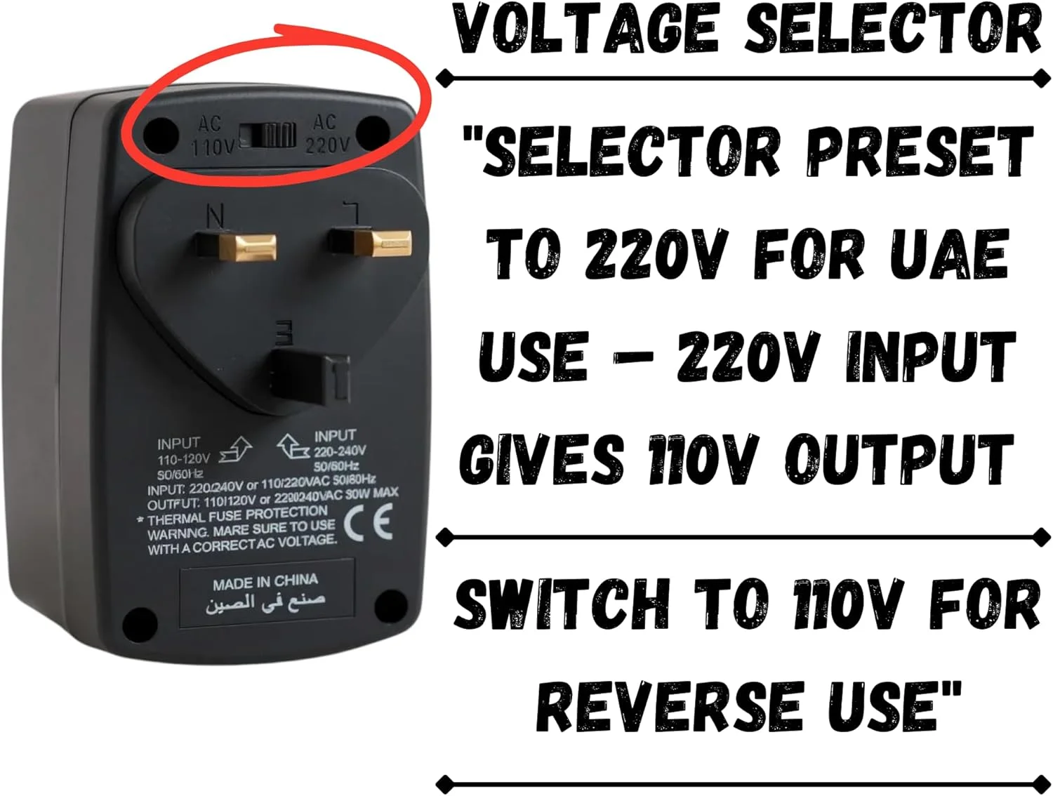 مبدل ولتاژ افزاینده/کاهنده ترمیناتور TACC 90W 13A - ترانسفورماتور 110V⇌220V، دوشاخه UK، سوکت جهانی، نشانگر LED، فیوز حرارتی، انتخابگر ولتاژ دستی - آداپتور رایگان TL 15B EU به جهانی