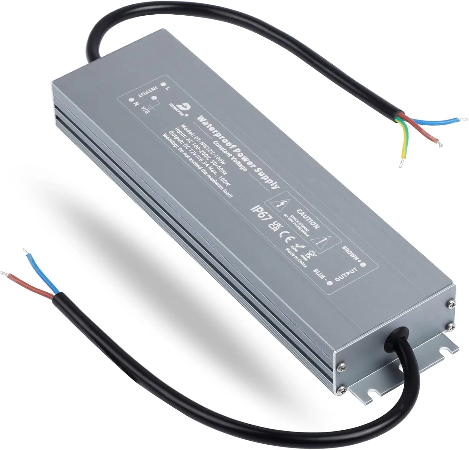 ترانسفورماتور LED باریک DUSKTEC 12 ولت 100 وات، درایور LED با استاندارد IP67، منبع تغذیه 8.33 آمپر، آداپتور ولتاژ ثابت ضد آب AC 240 ولت به 12 ولت DC برای لامپ های LED نواری فضای باز