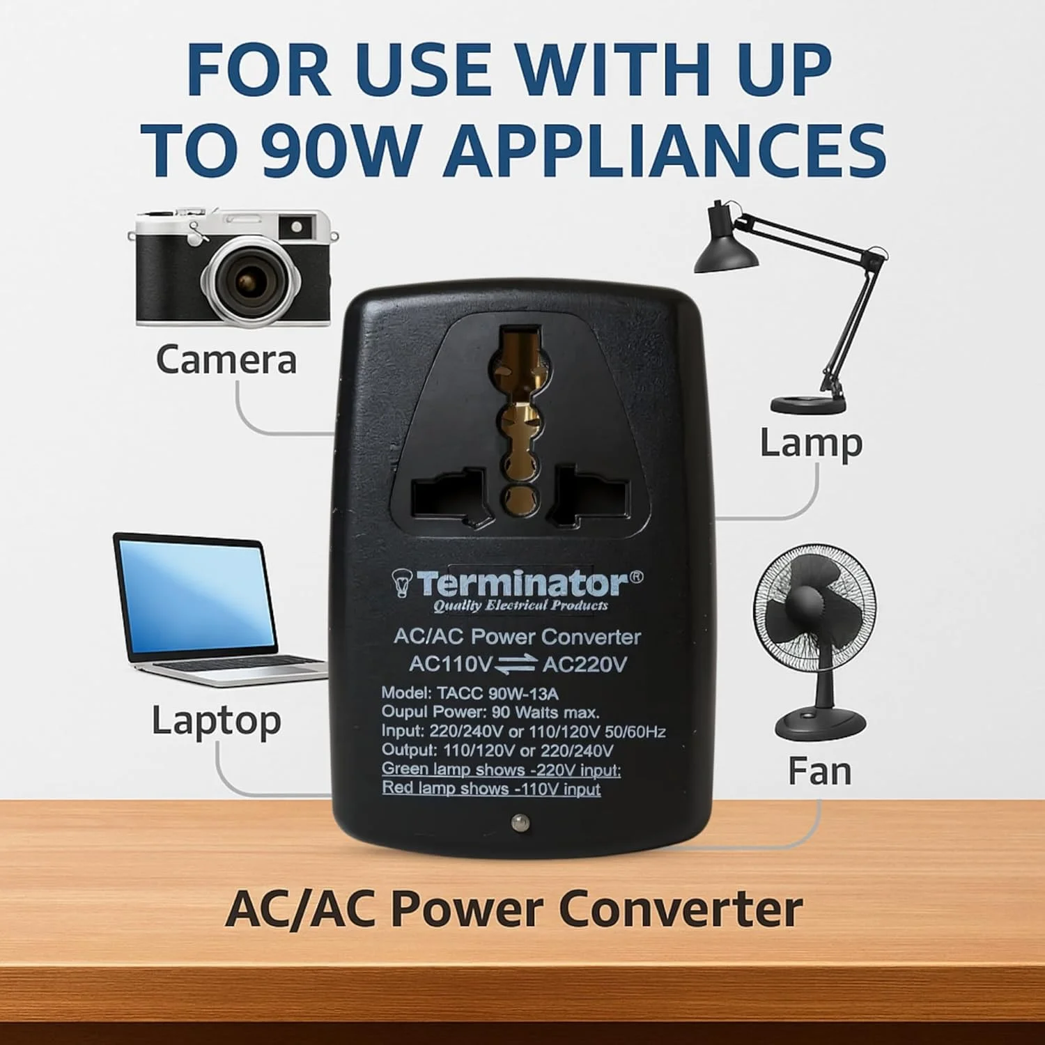 مبدل ولتاژ افزاینده/کاهنده ترمیناتور TACC 90W 13A - ترانسفورماتور 110V⇌220V، دوشاخه UK، سوکت جهانی، نشانگر LED، فیوز حرارتی، انتخابگر ولتاژ دستی - آداپتور رایگان TL 15B EU به جهانی
