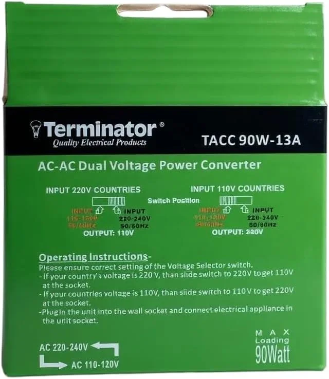 مبدل ولتاژ افزاینده/کاهنده ترمیناتور TACC 90W 13A - ترانسفورماتور 110V⇌220V، دوشاخه UK، سوکت جهانی، نشانگر LED، فیوز حرارتی، انتخابگر ولتاژ دستی - آداپتور رایگان TL 15B EU به جهانی