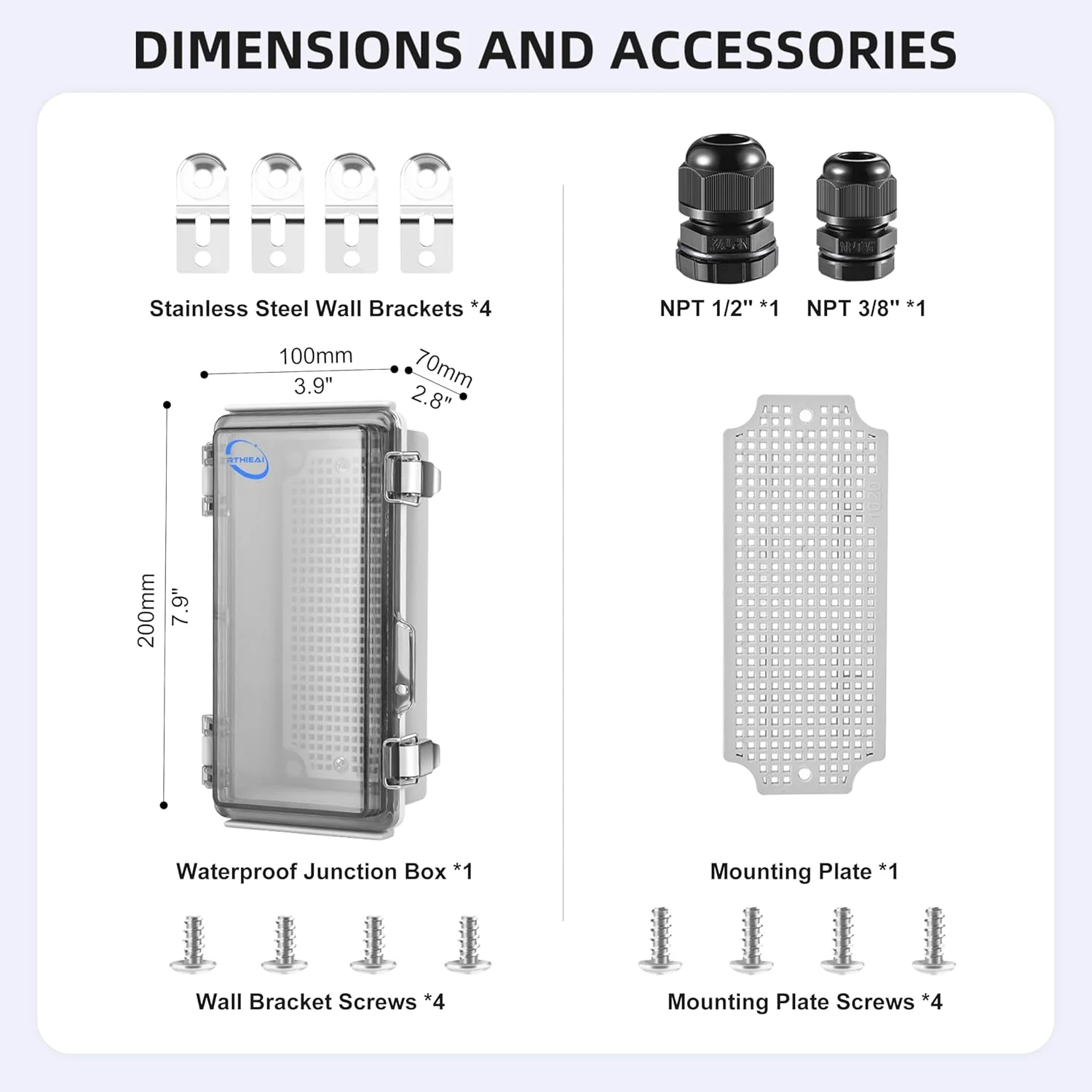 جعبه تقسیم ضد آب RTHIEAI با استاندارد IP67 برای فضای باز (200x100x70mm) با صفحه نصب، درب شفاف لولایی و براکت های دیواری - محفظه الکتریکی پلاستیکی ABS مقاوم در برابر آب و هوا برای پروژه های DIY (7.9"x3.9"x2.8")