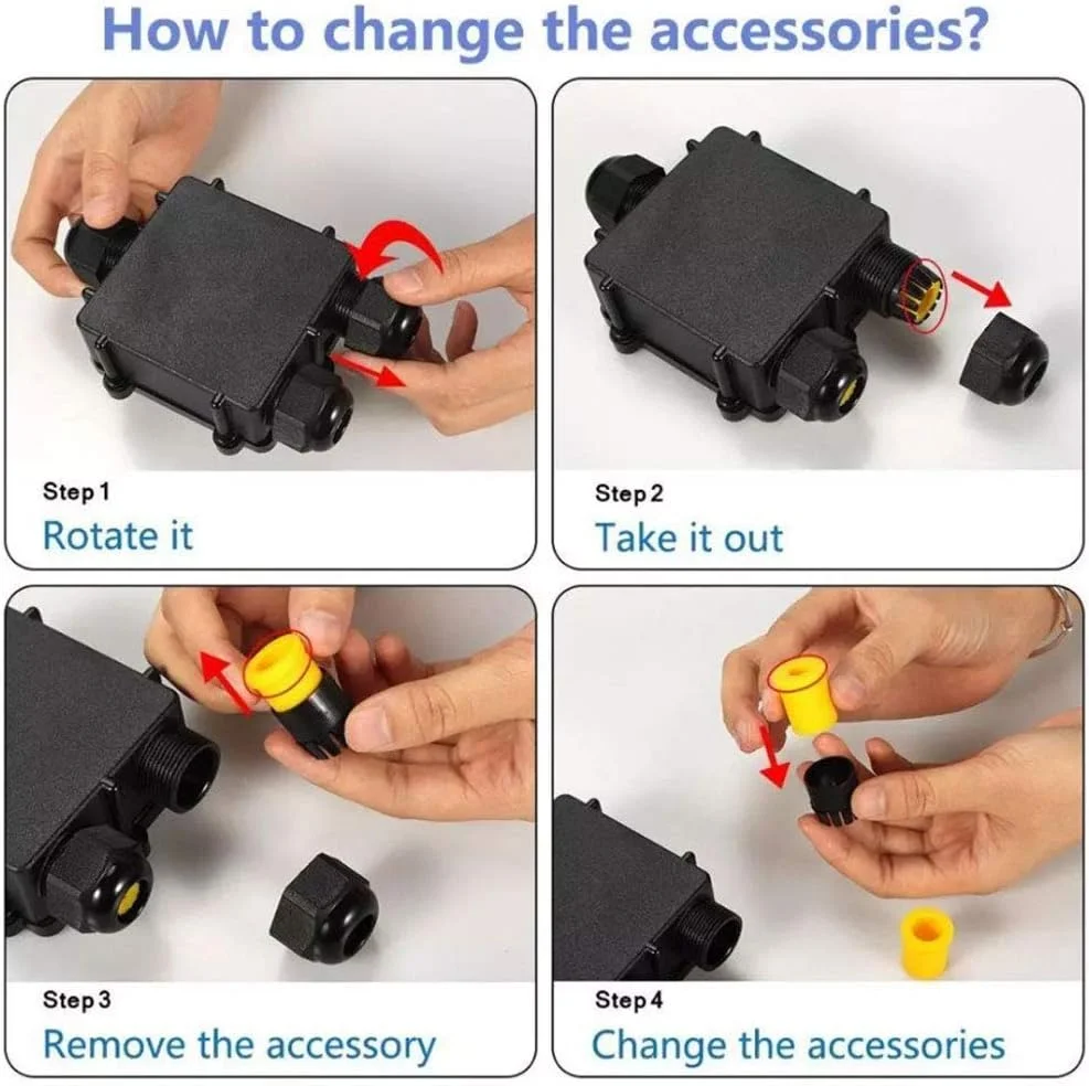 جعبه تقسیم 3 راهه اتصالات کابل بیرونی کانکتور IP68 گلند پلاستیکی خارجی الکتریکی