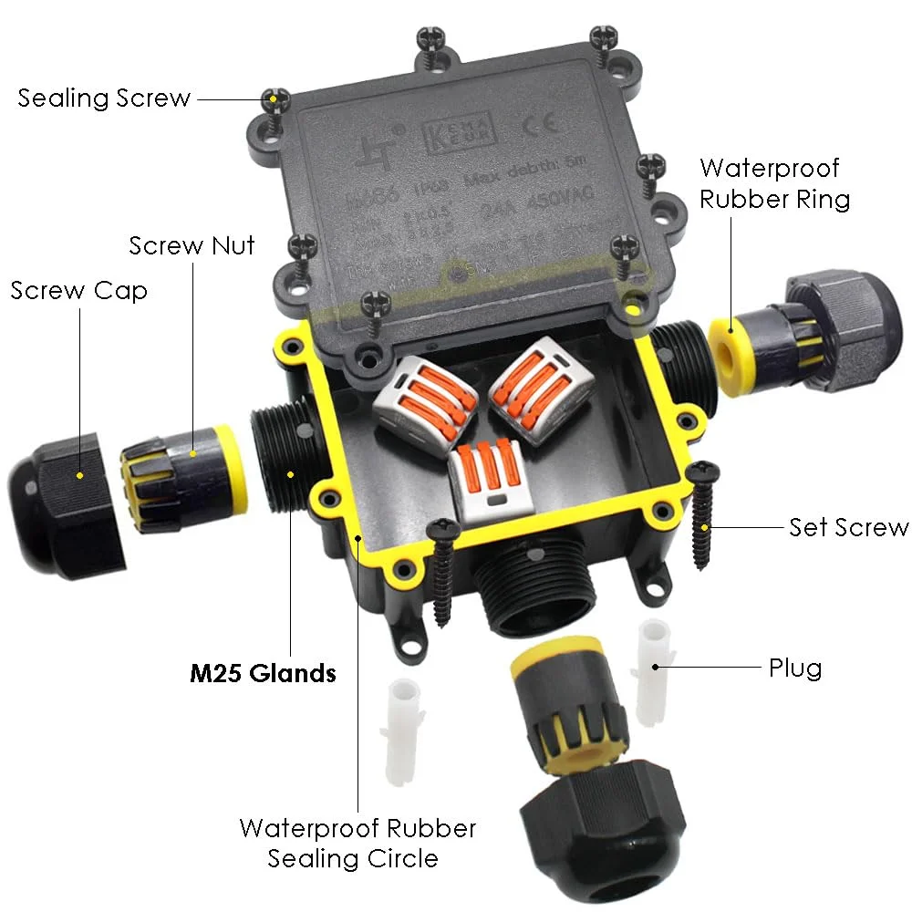 جعبه اتصال ضد آب HUYU IP68، اتصالات کابل 3 طرفه در فضای باز با گلندهای M25 جعبه اتصال الکتریکی برای Ø 4-14 میلی متر - T3