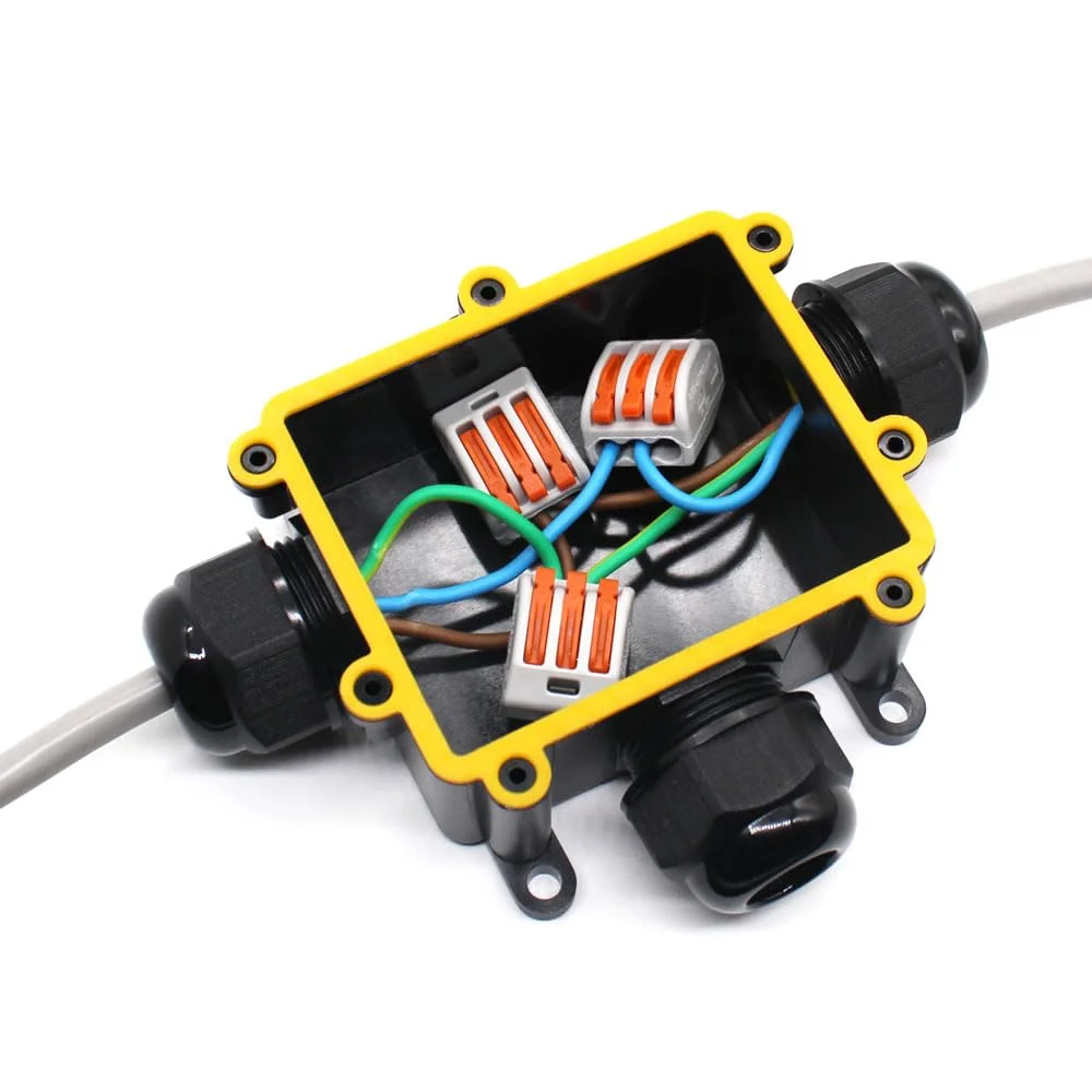 جعبه اتصال ضد آب HUYU IP68، اتصالات کابل 3 طرفه در فضای باز با گلندهای M25 جعبه اتصال الکتریکی برای Ø 4-14 میلی متر - T3