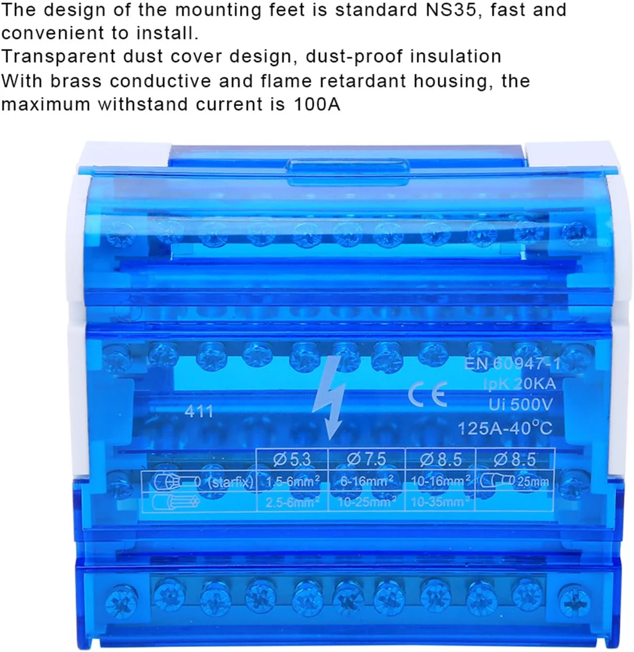 بلوک های ترمینال جعبه توزیع 411، ریل DIN کوچک 100 آمپر 4 طبقه تک فاز با پوشش گرد و غبار شفاف برای سناریوی سیم کشی داخلی در مهندسی برق