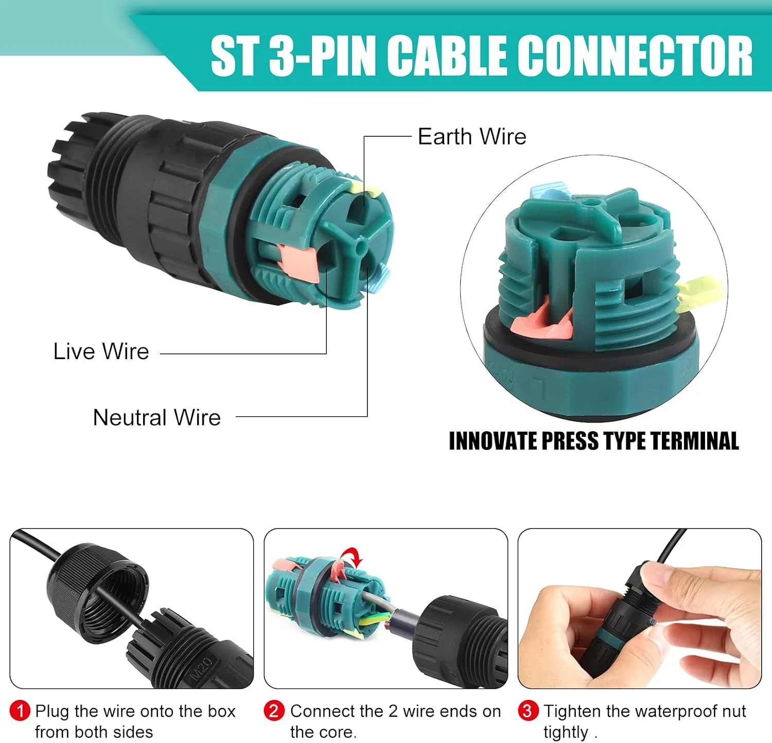اتصال دهنده الکتریکی ضد آب Vivibel IP68، اتصال دهنده 3 پین برای کابل با قطر 5-12 میلی متر، جعبه اتصال ضد آب بیرونی برای کابل باغ و زیرزمینی (بسته 8 عددی)