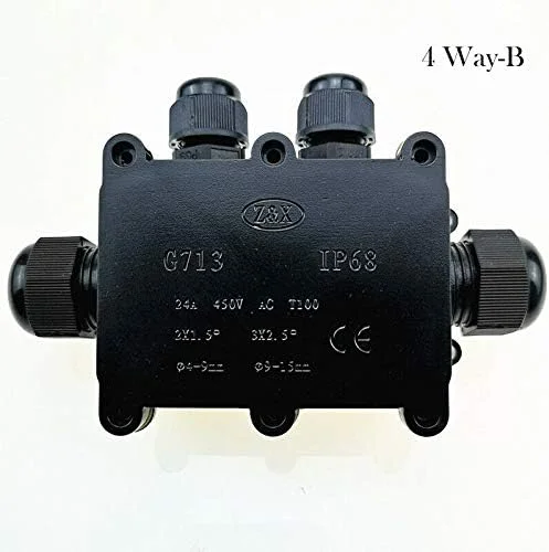 جعبه تقسیم ضد آب QKSEJ، جعبه اتصال الکتریکی IP68 با اتصالات ضد آب برای روشنایی بیرونی، جعبه اتصال خارجی مشکی (4 راه IP68-B) جعبه تقسیم ضد آب QKSEJ، جعبه اتصال الکتریکی IP68 با اتصالات ضد آب برای روشنایی بیرونی، جعبه اتصال خارجی مشکی (4 راه IP68-B)