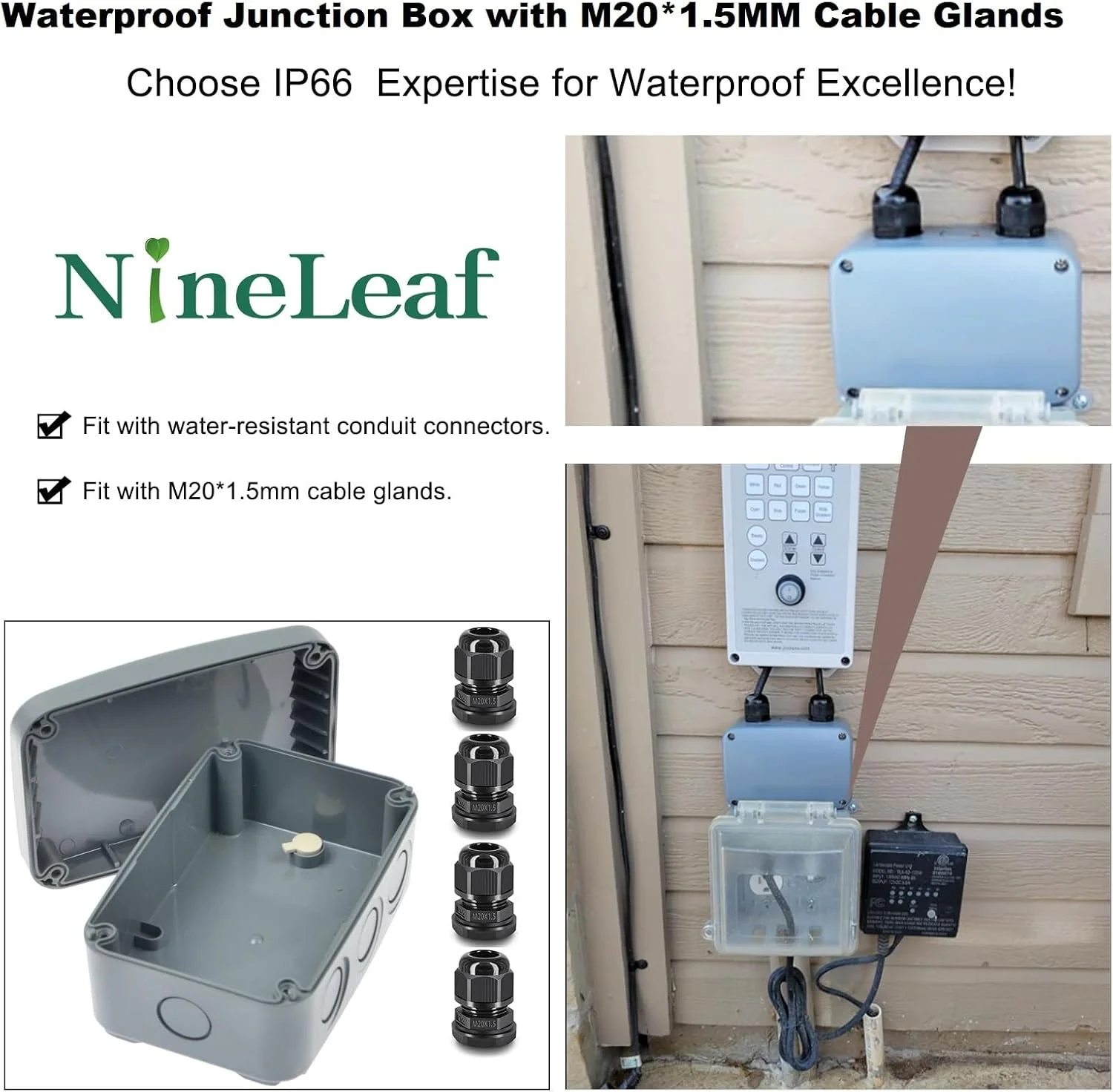 جعبه تقسیم ضد آب Nineleaf، یک بسته، دارای استاندارد IP66، محفظه الکتریکی پلاستیکی ضد آب برای استفاده در فضای باز، 125x86x62 میلی متر (5"*3 3/8"*2 7/16") جعبه تقسیم ضد آب Nineleaf، یک بسته، دارای استاندارد IP66، محفظه الکتریکی پلاستیکی ضد آب برای استفاده در فضای باز، 125x86x62 میلی متر (5"*3 3/8"*2 7/16")