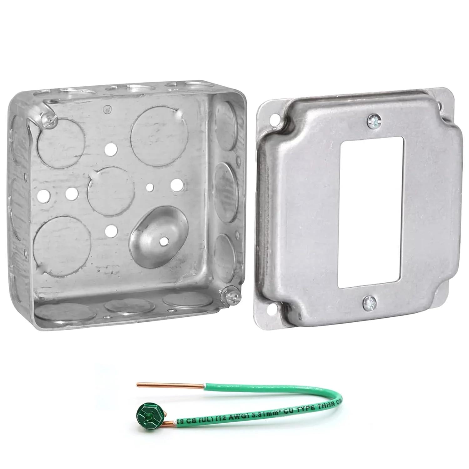 (بسته جعبه و درب) AP-12083، جعبه برق مربعی 4 اینچی، پوشش کار نمایان کلید تک دکوراتیو، گوشه های خرد شده، ساختار کشیده شده، ده عدد سوراخ 1/2 اینچی، شش عدد سوراخ 3/4 اینچی، اتصال زمین برجسته، عمق 1-1/2 اینچی