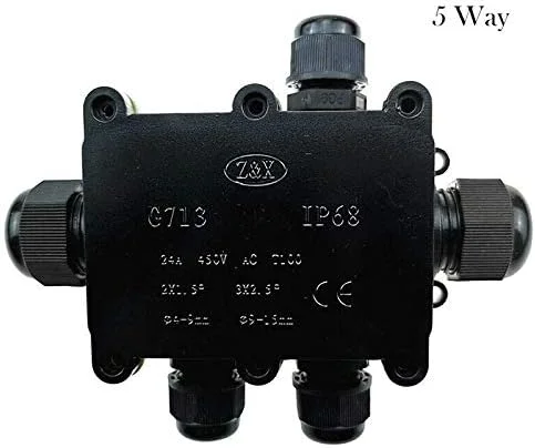 جعبه تقسیم ضد آب، جعبه اتصال الکتریکی IP68 اتصالات ضد آب برای روشنایی بیرونی جعبه اتصال خارجی مشکی (5 راه) جعبه تقسیم ضد آب، جعبه اتصال الکتریکی IP68 اتصالات ضد آب برای روشنایی بیرونی جعبه اتصال خارجی مشکی (5 راه)