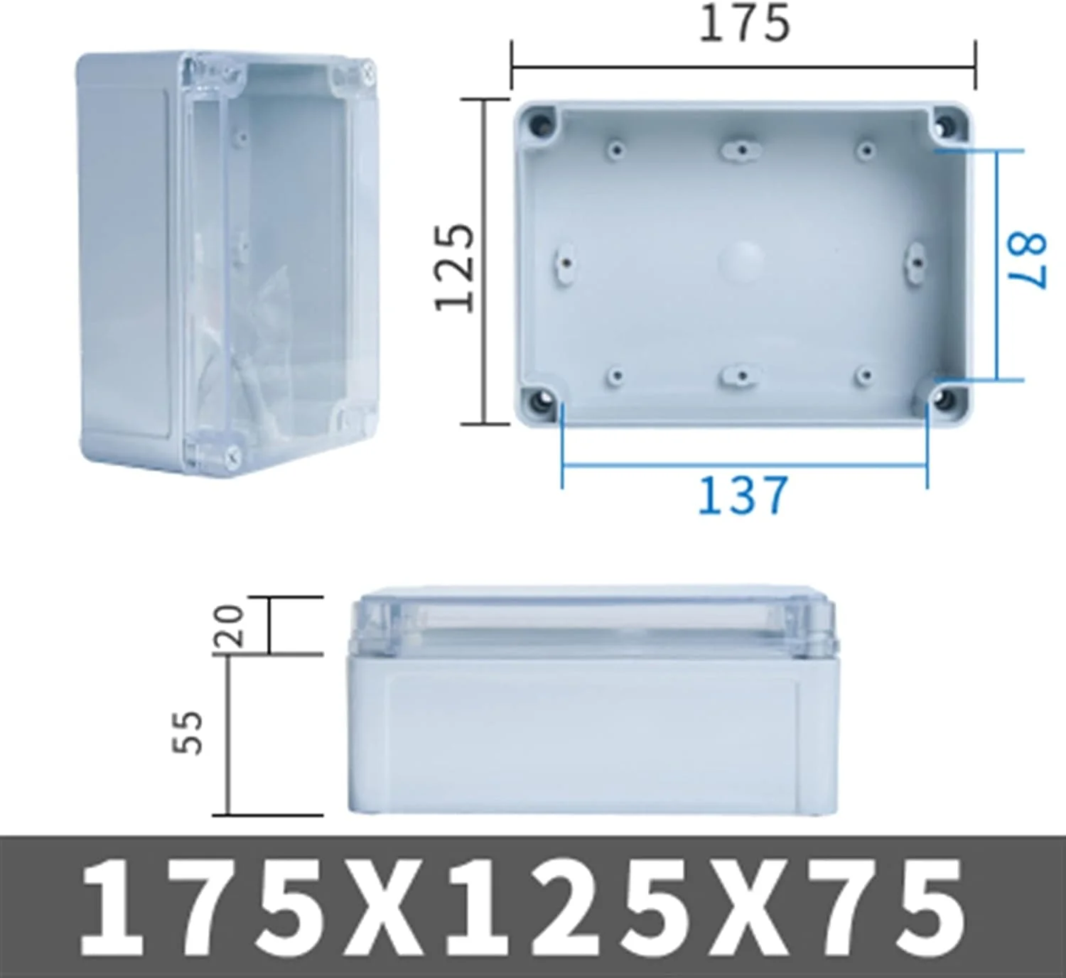 جعبه اتصال بیرونی DLRSET، 1 عدد IP67 سری AG با پوشش شفاف، جعبه اتصال الکتریکی ضد آب DIY بیرونی محفظه پلاستیکی ABS جعبه توزیع (رنگ: 175x125x75mm)