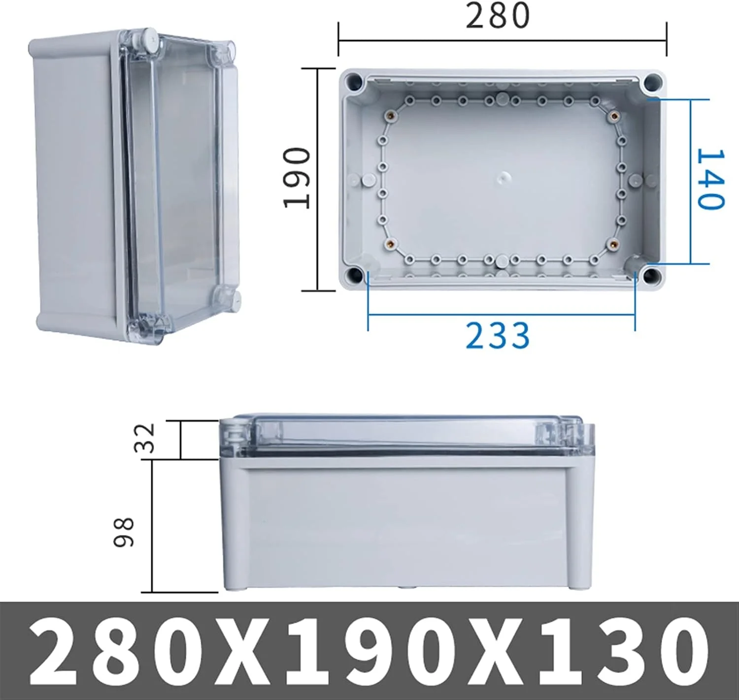 جعبه اتصال بیرونی DLRSET، 1 عدد IP67 سری AG با پوشش شفاف، جعبه اتصال الکتریکی ضد آب DIY بیرونی جعبه توزیع پلاستیکی ABS (رنگ: 280x190x130mm)