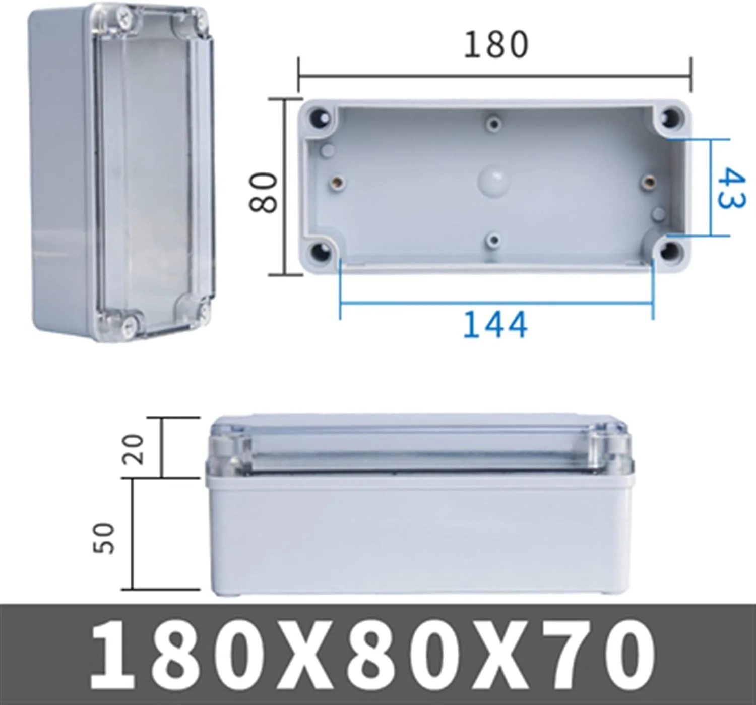 جعبه تقسیم بیرونی DLRSET، 1 عدد IP67 سری AG با پوشش شفاف، جعبه تقسیم الکتریکی ضد آب DIY بیرونی محفظه پلاستیکی ABS جعبه توزیع (رنگ: 180x80x70mm)