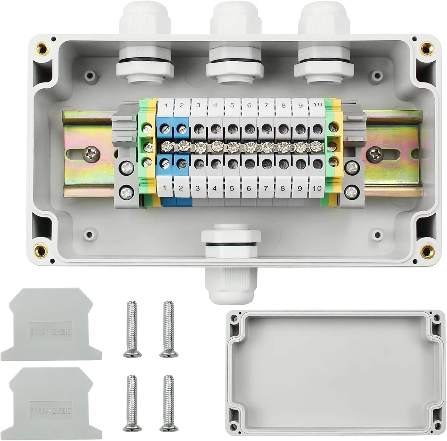 جعبه تقسیم ضد آب Suaywo برای کابل زیرزمینی 1 ورودی 3 خروجی با بلوک گیره، ریل DIN، کیت ترمینال عبوری UK 2.5B، پیچها، جعبه تقسیم ضد آب برای پروژههای DIY، پروژههای اتوماسیون، گاراژ جعبه تقسیم ضد آب Suaywo برای کابل زیرزمینی 1 ورودی 3 خروجی با بلوک گیره، ریل DIN، کیت ترمینال عبوری UK 2.5B، پیچها، جعبه تقسیم ضد آب برای پروژههای DIY، پروژههای اتوماسیون، گاراژ
