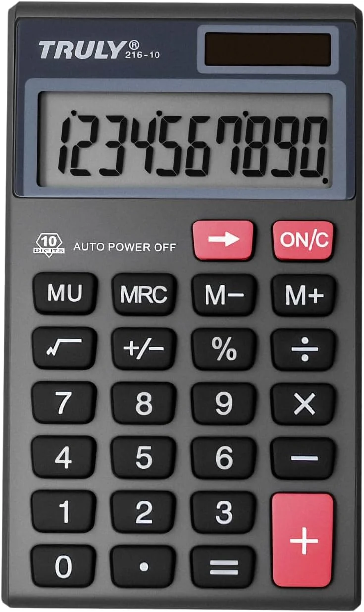 ماشین حساب جیبی باریک TRULY 216 - LCD 10 رقمی، دو منبع تغذیه (خورشیدی + باتری)، کلیدهای سیلیکونی بی صدا، کیف چرمی PU - جمع و جور، سبک وزن و آماده سفر