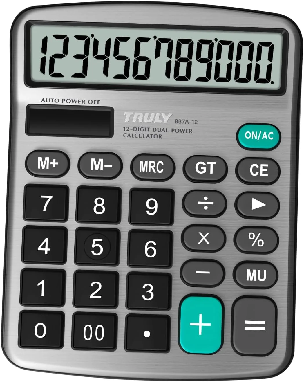 ماشین حساب Truly 837A-12 - صفحه نمایش بزرگ 12 رقمی، خورشیدی + باتری، روکش فلزی، ایده آل برای دفتر، مدرسه، فروشگاه