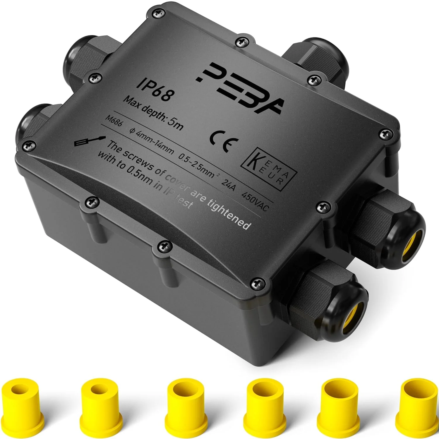 جعبه تقسیم PEBA IP68، جعبه اتصال ضد آب، جعبه ترمینال اتصال کابل، 5 راه برای قطر بیرونی 4mm-14mm، مشکی