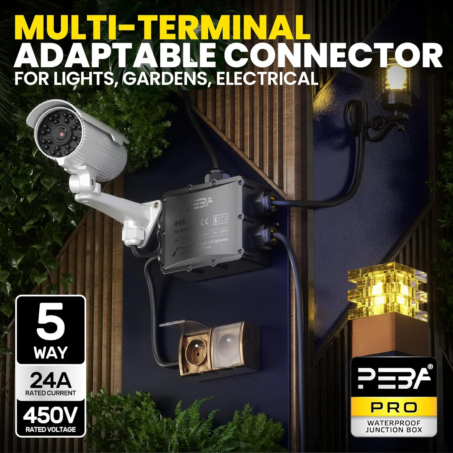 جعبه تقسیم PEBA IP68، جعبه اتصال ضد آب، جعبه ترمینال اتصال کابل، 5 راه برای قطر بیرونی 4mm-14mm، مشکی