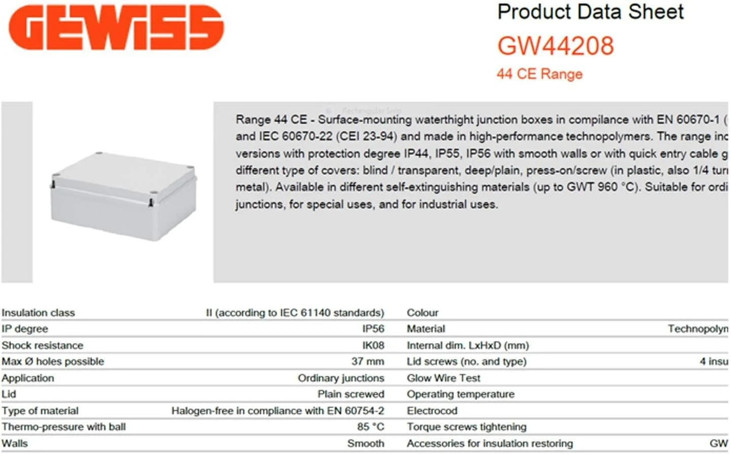 جعبه تقسیم Gewiss GW44208 با درب پیچی (خاکستری، 240 x 190 x 90)