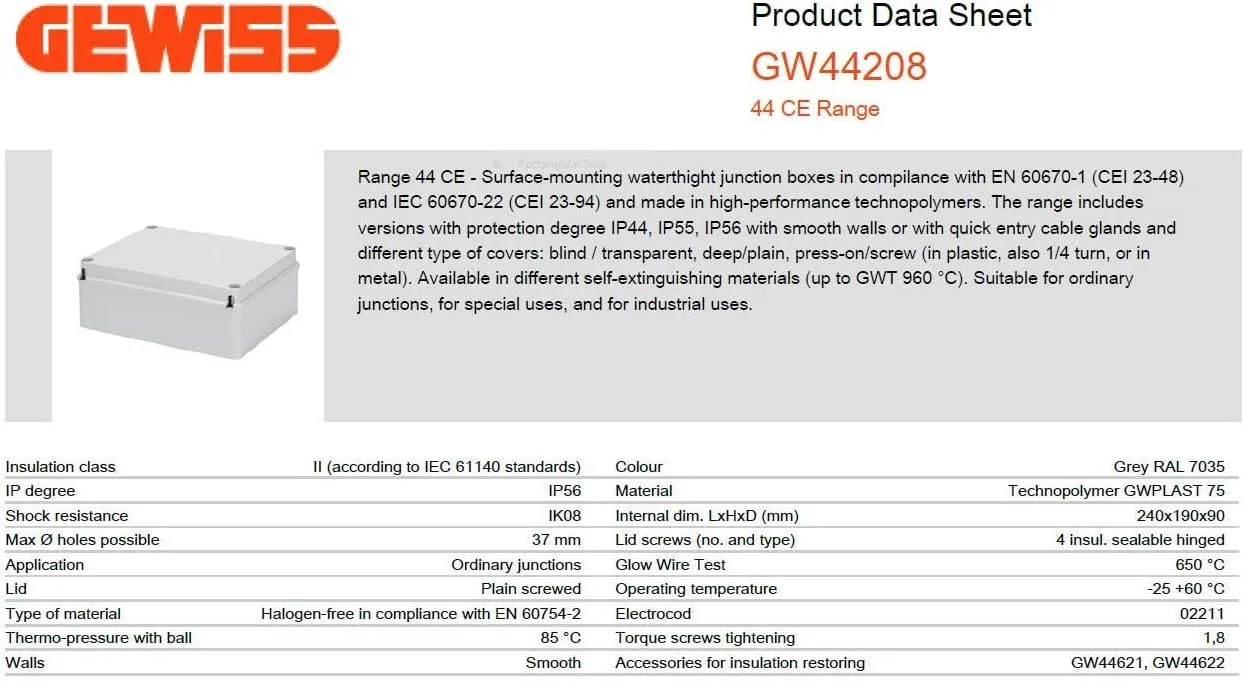 جعبه تقسیم Gewiss GW44208 با درب پیچی (خاکستری، 240 x 190 x 90)