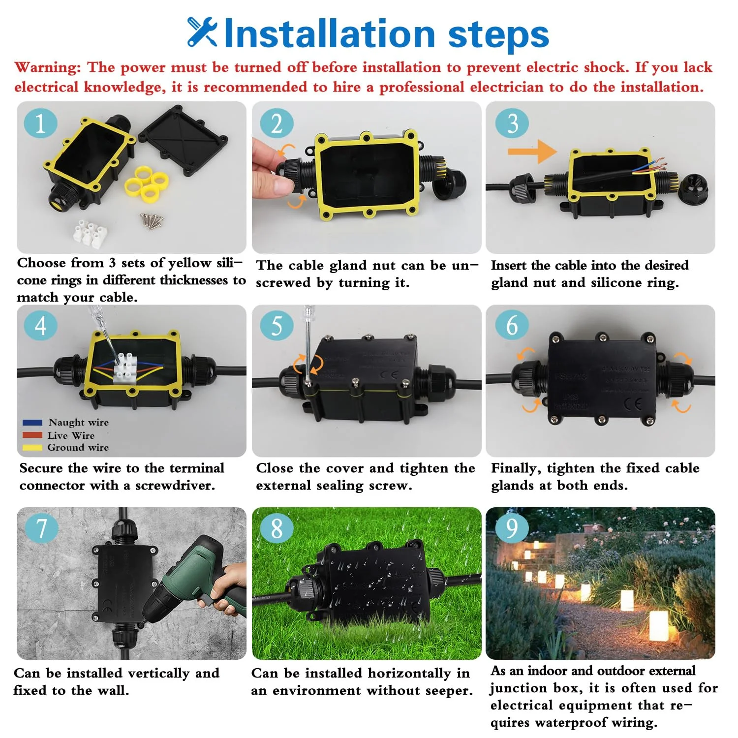 جعبه اتصال ضد آب هلونسی IP68، جعبه تقسیم 2 راهه M20 اتصال کابل کواکسیال محدوده سیم 5 تا 15 میلی متر جعبه سیم برق خارجی در فضای باز (مشکی - 2 عدد)