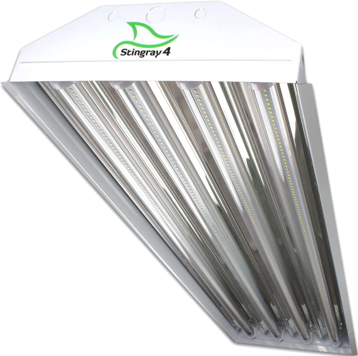 چراغ سقفی بلند 4 لامپی PrimeLights T8 LED، مناسب برای کارگاه، گاراژ، انبار، روشنایی صنعتی 11000 لومن! درجه تجاری 15" X 48" سفید با بازتابنده آینه ای به همراه لوله های LED، روشنایی 11000 لومن
