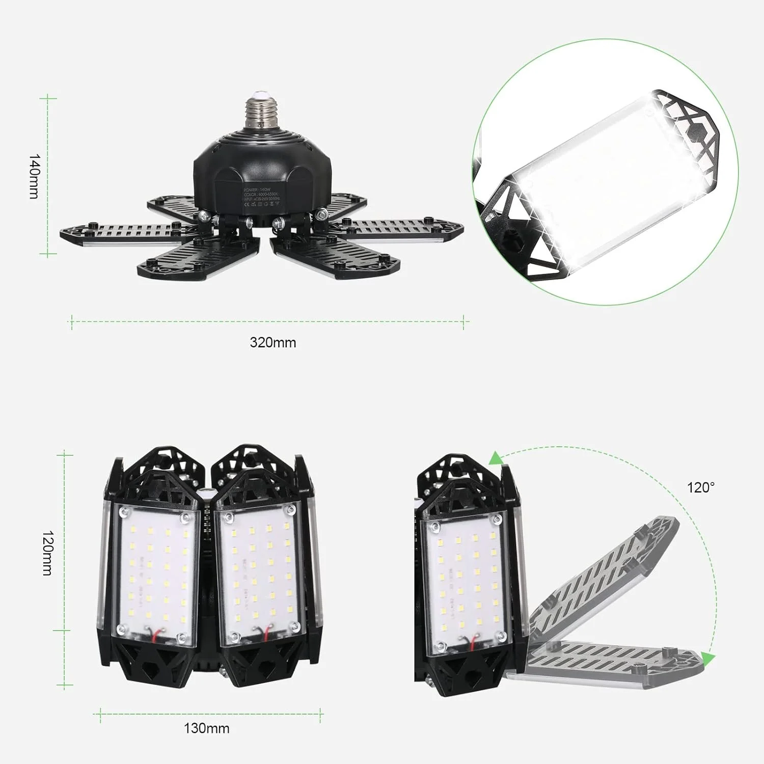چراغ گاراژ Fawoonu 2PCS A C85-265V 160W 152LED با 6 پنل قابل تنظیم، تاشو و تغییر شکل پذیر، لامپ سقفی با پایه E26E27 برای گاراژ، انبار، کارگاه، زیرزمین، باشگاه، آشپزخانه