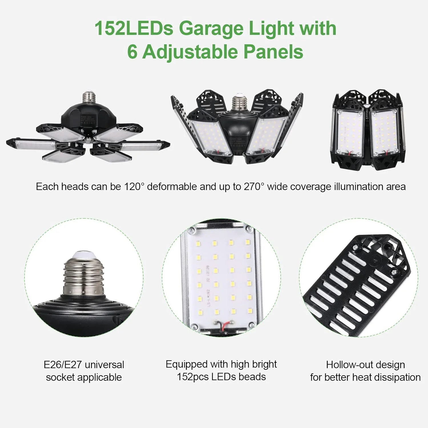 چراغ گاراژ Fawoonu 2PCS A C85-265V 160W 152LED با 6 پنل قابل تنظیم، تاشو و تغییر شکل پذیر، لامپ سقفی با پایه E26E27 برای گاراژ، انبار، کارگاه، زیرزمین، باشگاه، آشپزخانه