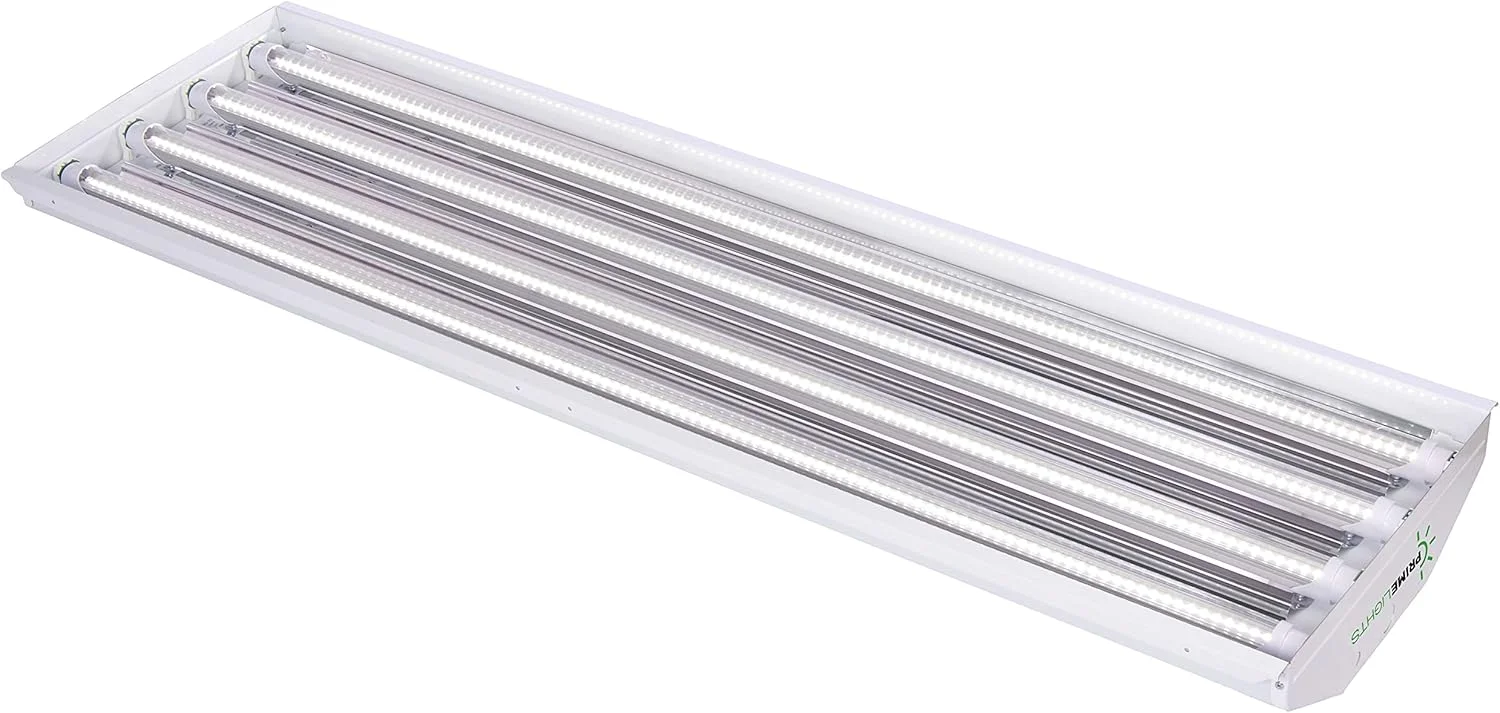 چراغ سقفی بلند 4 لامپی PrimeLights T8 LED، مناسب برای کارگاه، گاراژ، انبار، روشنایی صنعتی 11000 لومن! درجه تجاری 15" X 48" سفید با بازتابنده آینه ای به همراه لوله های LED، روشنایی 11000 لومن