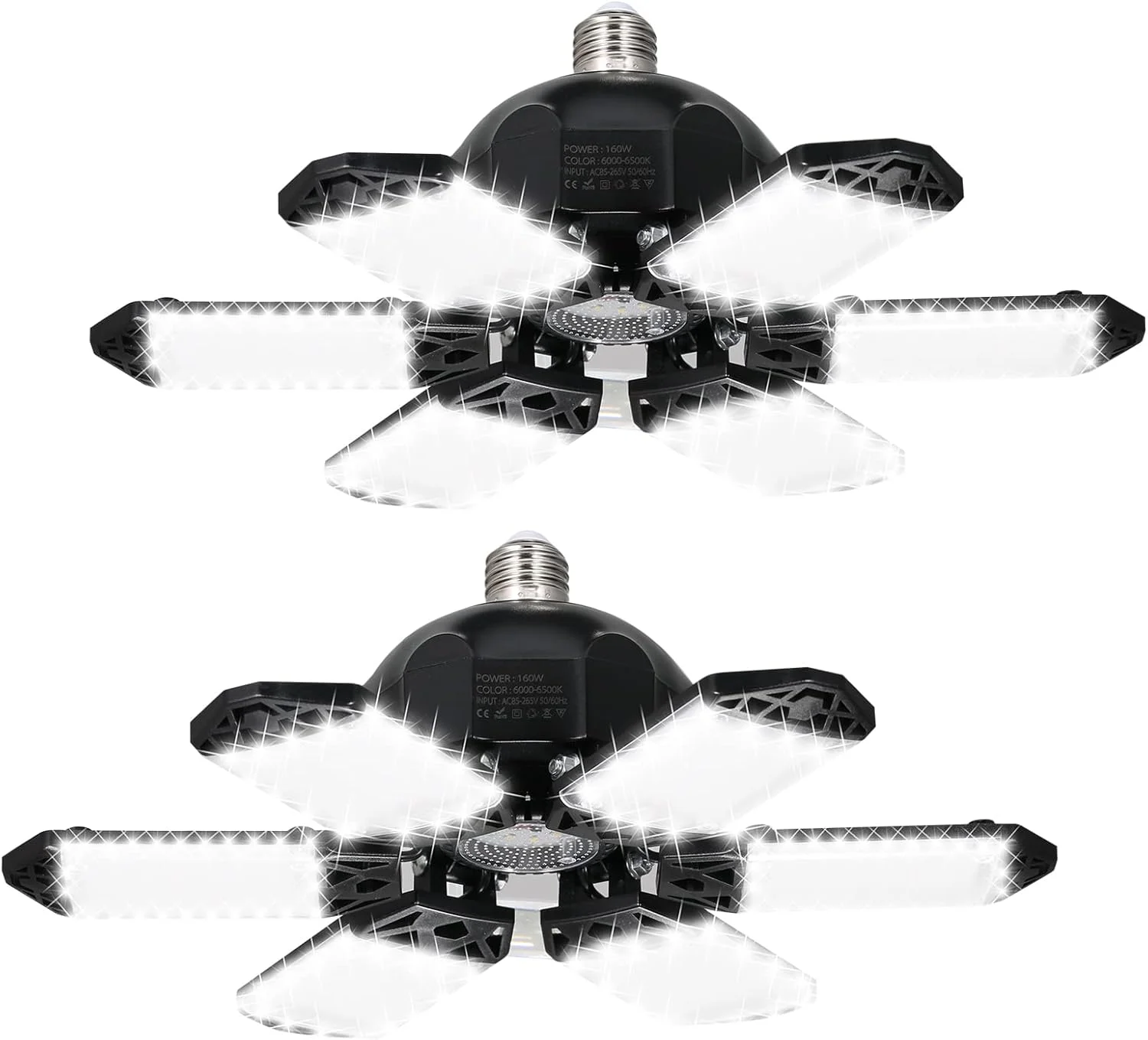 چراغ گاراژ Fawoonu 2PCS A C85-265V 160W 152LED با 6 پنل قابل تنظیم، تاشو و تغییر شکل پذیر، لامپ سقفی با پایه E26E27 برای گاراژ، انبار، کارگاه، زیرزمین، باشگاه، آشپزخانه