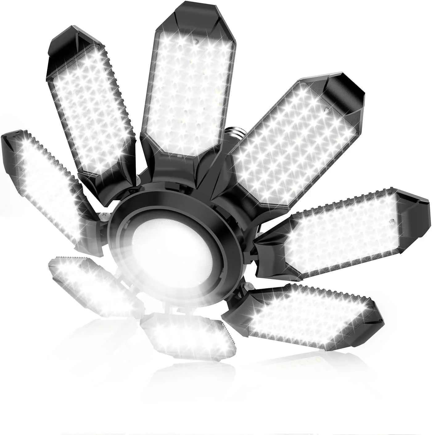 چراغ های گاراژ POLARPRA - چراغ های LED سقفی فوق العاده روشن 25000LM با 8 پنل قابل تغییر شکل، لامپ LED 6500K با سرپیچ E26/E27 و نورافکن مرکزی قابل تنظیم برای انبار، کارگاه و اتاق زیر شیروانی