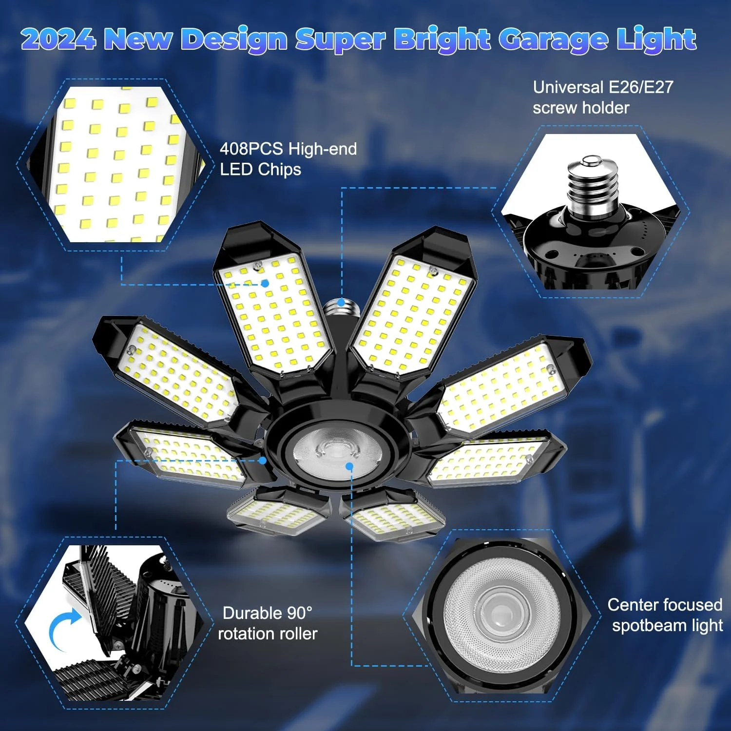 چراغ های گاراژ POLARPRA - چراغ های LED سقفی فوق العاده روشن 25000LM با 8 پنل قابل تغییر شکل، لامپ LED 6500K با سرپیچ E26/E27 و نورافکن مرکزی قابل تنظیم برای انبار، کارگاه و اتاق زیر شیروانی چراغ های گاراژ POLARPRA - چراغ های LED سقفی فوق العاده روشن 25000LM با 8 پنل قابل تغییر شکل، لامپ LED 6500K با سرپیچ E26/E27 و نورافکن مرکزی قابل تنظیم برای انبار، کارگاه و اتاق زیر شیروانی