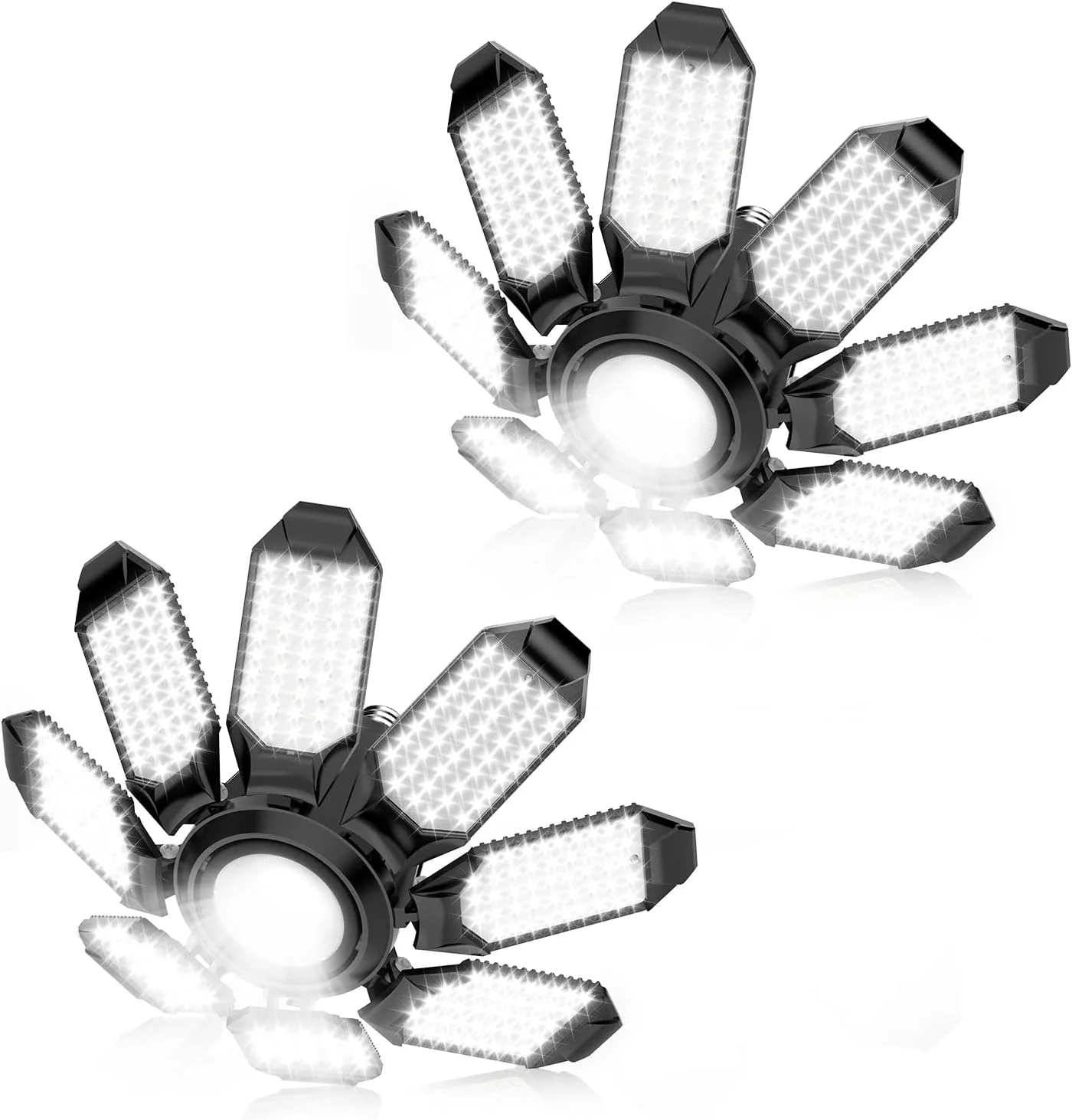 چراغ گاراژ LED POLARPRA - بسته 2 عددی چراغ های گاراژ سقفی LED روشن 50000LM با 8 پنل تغییر شکل دهنده لامپ LED 6500K با سوکت E26/E27 و نورافکن مرکزی قابل تنظیم برای انبار کارگاه زیر شیروانی