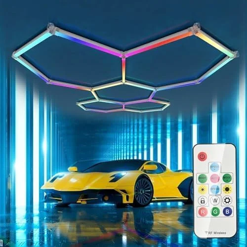 چراغ های LED شش ضلعی، بسته 25 عددی چراغ گاراژ LED شش ضلعی RGB، چراغ های گاراژ LED با نورپردازی روشن تغییر رنگ دهنده، چراغ کارگاهی LED شش ضلعی برای گاراژ، زیرزمین، باشگاه، بار...