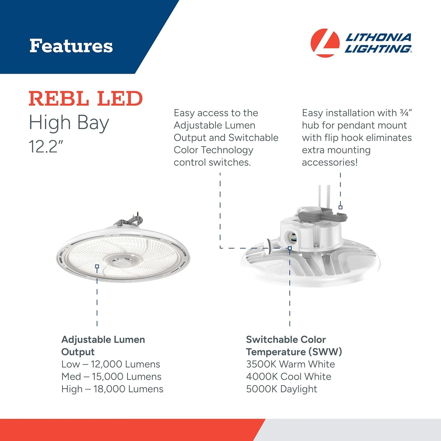 چراغ LED سقفی گرد Lithonia Lighting REBL، خروجی لومن قابل تنظیم 12000/15000/18000، دمای رنگ سفید قابل تغییر 3500K/4000K/5000K، چراغ کار، UVOLT 120-347V، 12.2" x 7.5"، سفید چراغ LED سقفی گرد Lithonia Lighting REBL، خروجی لومن قابل تنظیم 12000/15000/18000، دمای رنگ سفید قابل تغییر 3500K/4000K/5000K، چراغ کار، UVOLT 120-347V، 12.2" x 7.5"، سفید