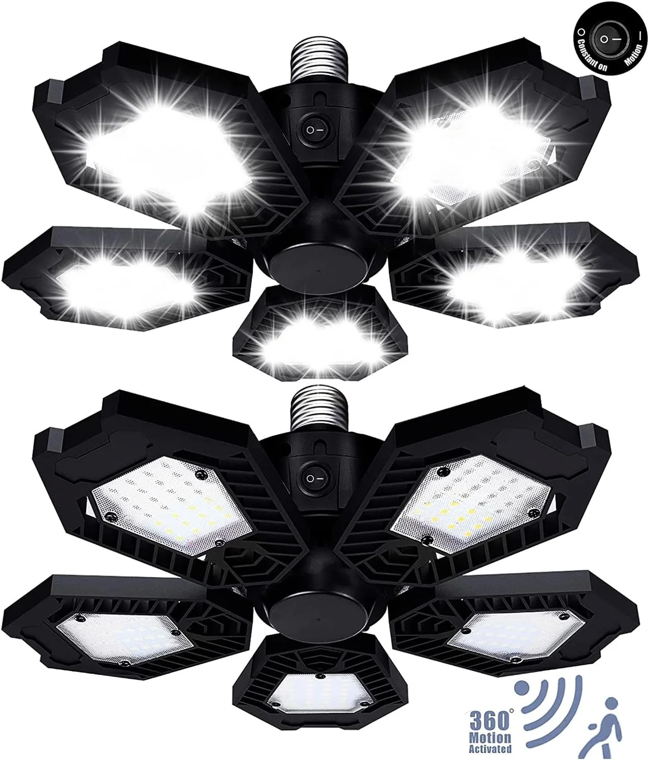 چراغ های گاراژ با حسگر حرکتی Paoicole، بسته 2 عددی، 150 وات 15000 لومن، چراغ های سقفی LED فوق العاده روشن با 5 پنل قابل تنظیم برای گاراژ، زیرزمین، اتاق زیر شیروانی