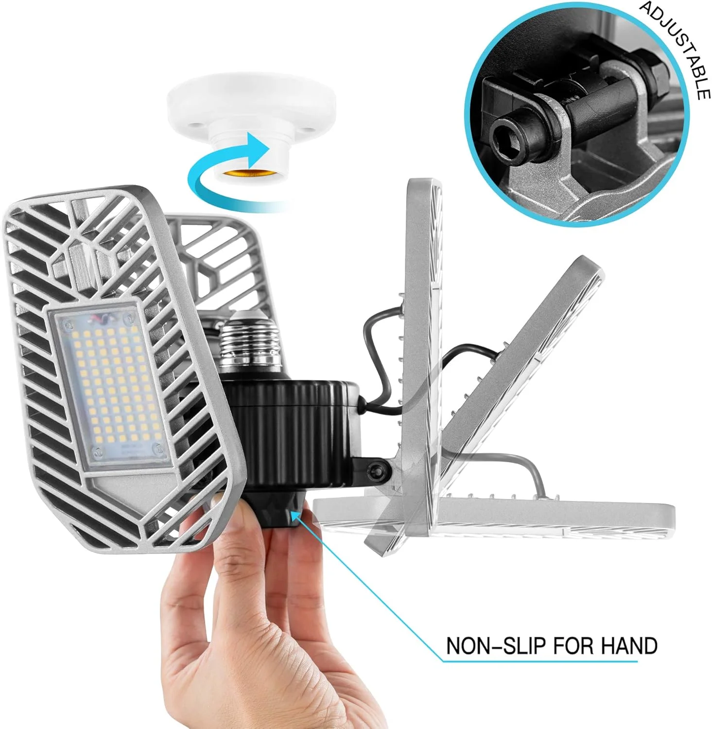 چراغ های گاراژ LED تغییر شکل پذیر 80 وات Lzhome، روشنایی گاراژ قابل تنظیم، 9000 لومن، CRI 82W، (بدون سنسور حرکتی) چراغ های گاراژ LED تغییر شکل پذیر 80 وات Lzhome، روشنایی گاراژ قابل تنظیم، 9000 لومن، CRI 82W، (بدون سنسور حرکتی)